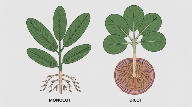Monocot and Dicot Plant Illustrations: A detailed educational illustration showcases the fundamental differences between monocot and dicot plants. Depicting the root and leaf structures.
