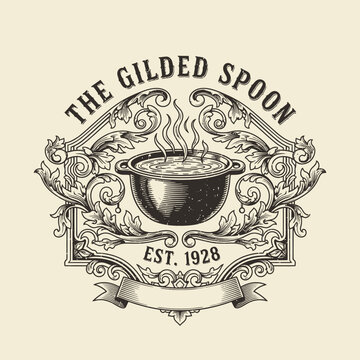 Vintage Steaming Pot Logo with Ornate Frame and "The Gilded Spoon Est. 1928" Typography on Light Background