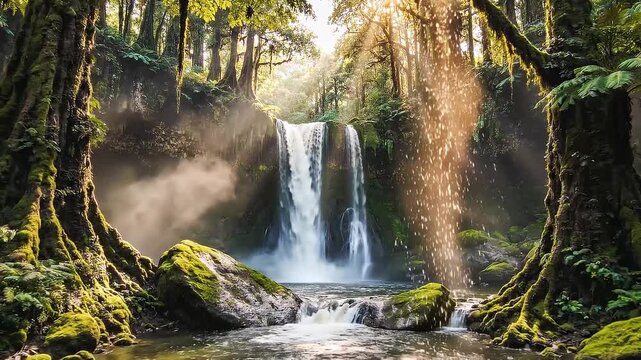 A majestic waterfall cascades down moss-covered rocks in a lush, sun-dappled forest, with ancient trees framing the scene.