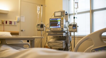 Modern hospital room with medical equipment and iv drips in soft light