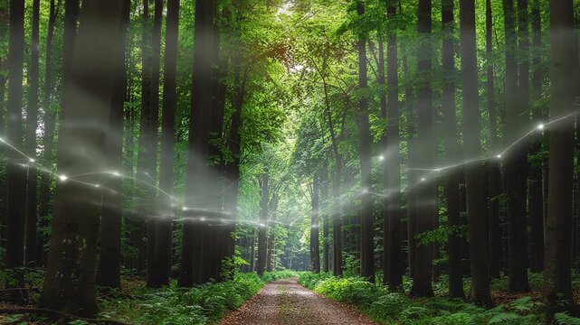 Smart forest connectivity concept with digital network grid over woodland path representing ecological data analysis and environmental monitoring