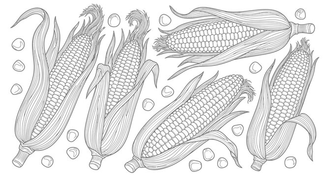 Assorted corn cobs and kernels illustration showing ears of maize and grain in monochrome style.