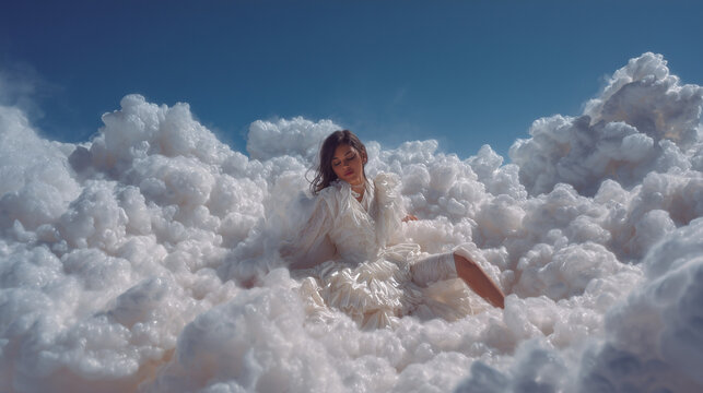 Moda surreale. Modella tra le nuvole
