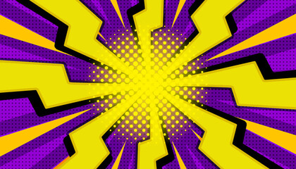 Naklejka premium Sunbeam thunder flash purple yellow comic book with halftone modern abstract background