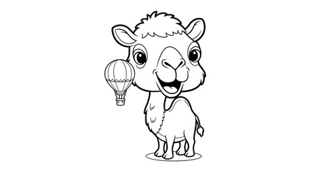 Fototapeta premium Cute cartoon baby llama holding a balloon in its hoof.