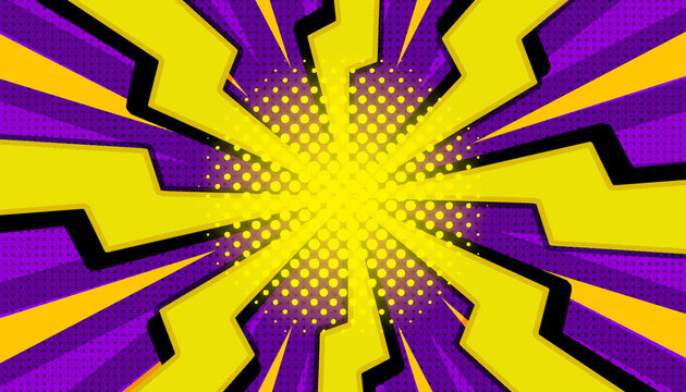 Sunbeam thunder flash purple yellow comic book with halftone modern abstract background