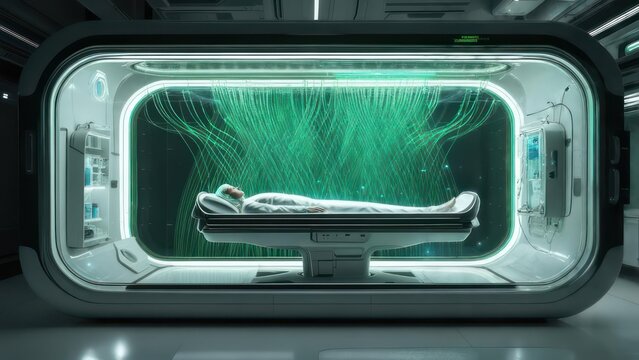 Futuristic Medical Pod with Glowing Green Energy and Humanoid Figure.
