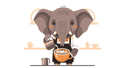 Playful cartoon elephant barista serving coffee behind a cozy cafe counter.