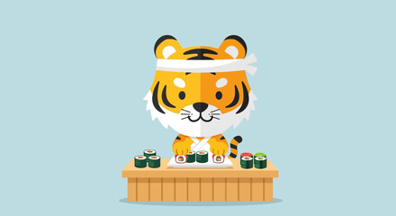 Playful tiger vendor at a market stall serving colorful sushi and snacks.