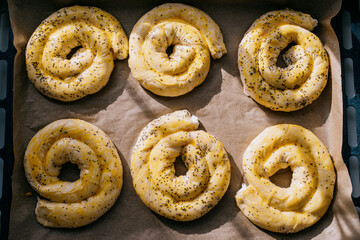 Six unbaked spiral Moldovan placinte on baking tray ready for oven