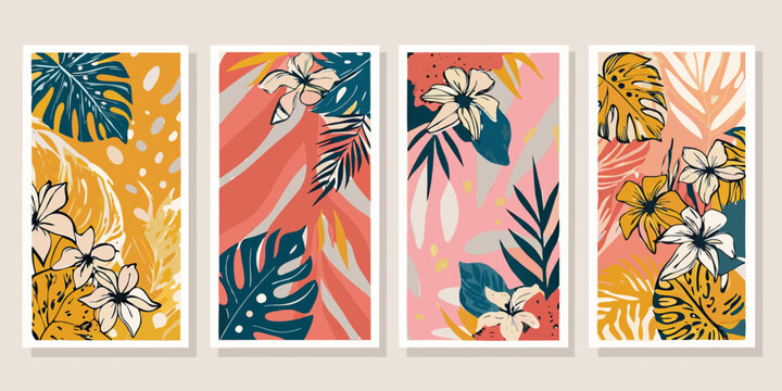Four botanical wall art panels with tropical leaves and flowers