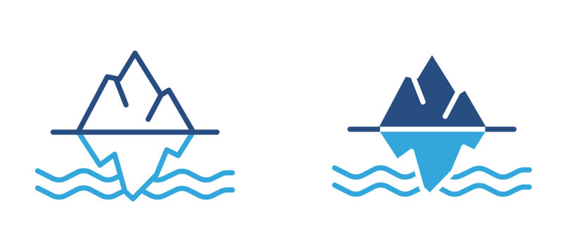 Iceberg icon set. Mountain above and below water, hidden risk, danger and business problem concept. Vector illustration.