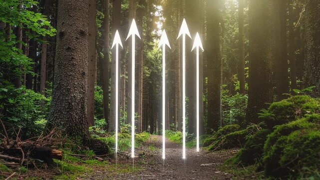 Financial growth chart on a forest path representing sustainable investment strategy green business road and ecological success concept
