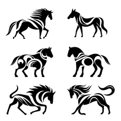 Obraz premium Set of horse designs in black silhouette style on white background, showing various equine poses with abstract flowing lines and curves representing speed and power for projects