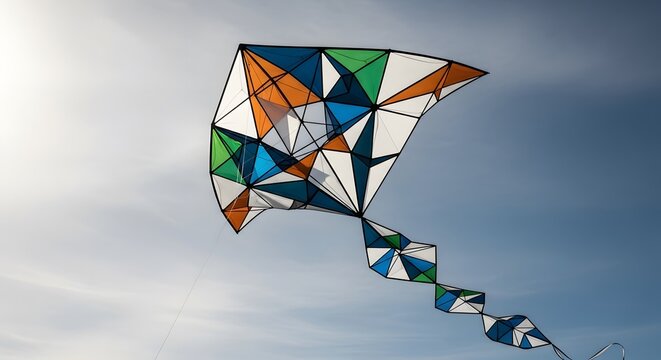 Geometric pattern kite flying high against clear blue sky background