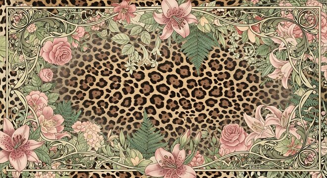 Leopard print background framed by floral and foliage elements, creating a decorative design