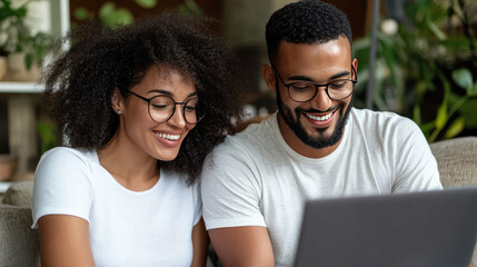 Fototapeta premium Happy young african american couple enjoying online content together, smiling and connecting while using a laptop computer at home