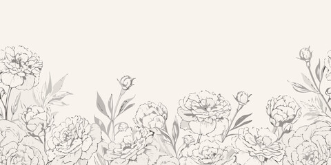 Delicate floral sketch border with peonies and leafy botanical elements
