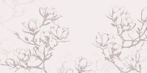 Delicate magnolia branches and blossoms in a muted pastel palette