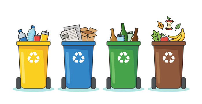 Set of four colorful recycling bins for waste segregation on white background flat vector illustration