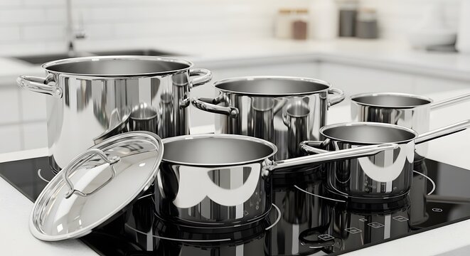 Professional stainless steel cookware set on modern induction stove