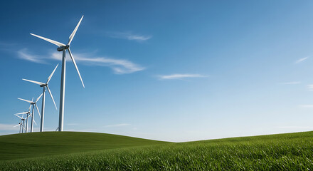 Fototapeta premium A row of modern wind turbines stand tall on a rolling green hill under a clear blue sky with sparse white clouds, symbolizing renewable energy