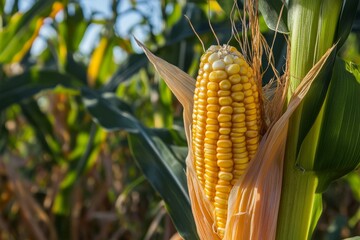 Ripe ear of corn with kernels growing in organic corn field during sunny day in the middle of summer