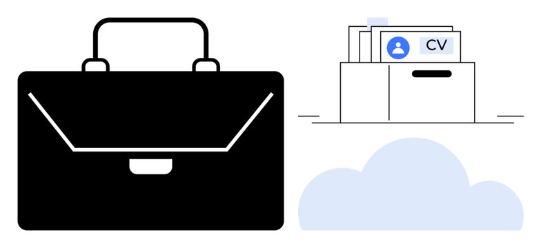 Career management concept. A business briefcase, a box of CVs, and cloud storage highlight career management, HR practices, and cloud integration. Ideal for HR, recruitment, career planning data
