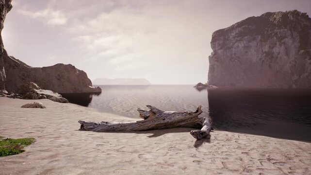A peaceful beach reveals soft sand and a large piece of driftwood by the waters edge. Gentle waves lap at the shore as the sun begins to set, casting a serene glow on the landscape.