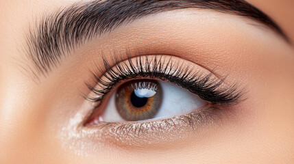 Obraz premium Woman's intricate eye with lush false eyelashes, reflecting beauty, vision, and detailed human anatomy, featuring perfect makeup and healthy skin on a neutral background