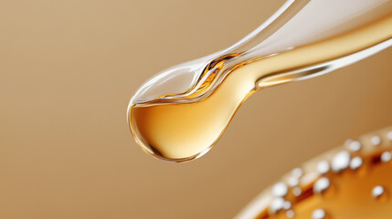 Golden nourishing serum flowing from a dropper bottle, showcasing hydrating essence for skincare, anti aging benefits, and a radiant glow, symbolizing beauty and wellness