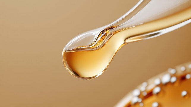 Golden nourishing serum flowing from a dropper bottle, showcasing hydrating essence for skincare, anti aging benefits, and a radiant glow, symbolizing beauty and wellness