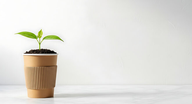 Small green seedling growing out of dark soil inside recycled paper coffee cup on white marble background highlighting eco friendly waste solutions