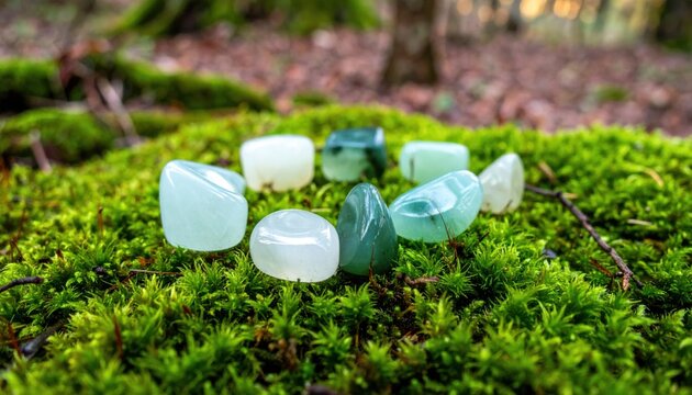 Several polished green and white jade stones resting on vibrant moss in a serene forest environment, glowing softly under natural light.