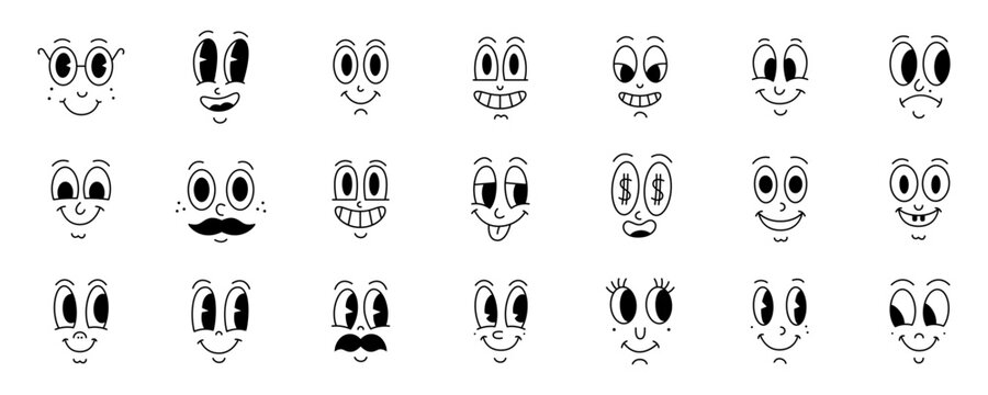 Set of 18 cute cartoon comic faces with various expressions and emotions. Outline vector illustrations on white background.
