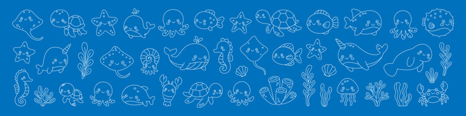 Set of marine animals, corals, and plants. Cute underwater characters for design projects. White line on blue background © Lifeking