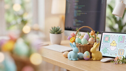 Obraz premium Easter basket with colorful eggs and bunny figures on office desk next to computer screen. Holiday decorations in workspace blending spring celebration with digital work environment. Home office