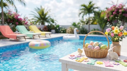 Fototapeta premium Easter basket filled with colorful painted eggs and bunny on wooden poolside table. Tropical backyard pool area with lounge chairs palms flowers swan floatie and inflatable ring. Spring holiday