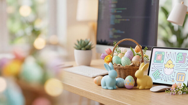 Easter basket with colorful eggs and bunny figures on office desk next to computer screen. Holiday decorations in workspace blending spring celebration with digital work environment. Home office
