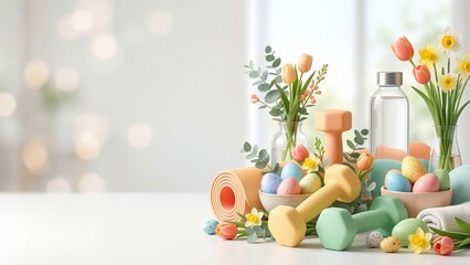 Fototapeta premium Pastel easter eggs surrounded by tulips and fitness equipment on white table. Spring healthy living and holiday celebration concept. Easter motivation for wellness and renewal