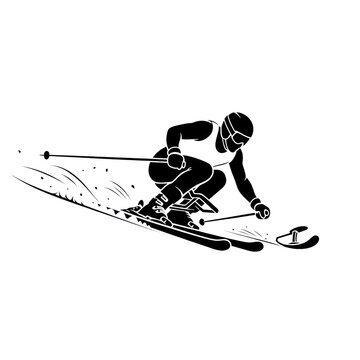 Solid black silhouette of a para-alpine monoskier leaning hard into a sharp downhill turn at high speed, isolated on a transparent background. Concept of paralympic athleticism and determination