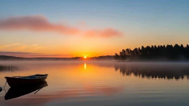 A serene lake scene at sunrise with a small boat on calm waters