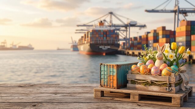 Easter eggs and spring flowers in wooden crate on dock with cargo ships and cranes in background. Holiday symbols delivered by sea port. Global trade and celebration concept