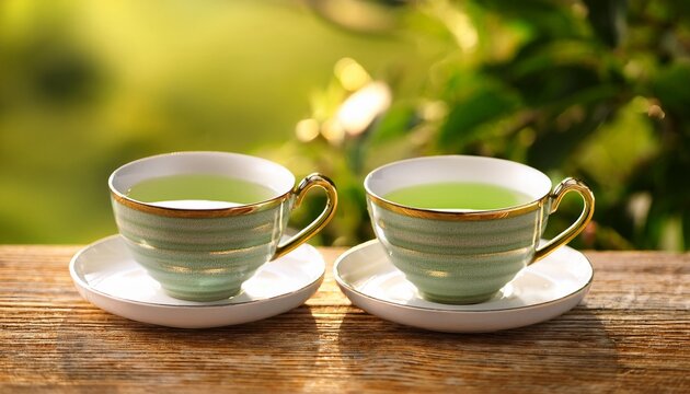 Two Cups Of Green Tea Served On Wooden Table Outdoors