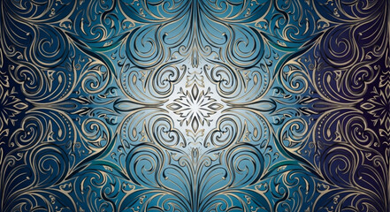 Intricate Blue and Teal Abstract Pattern with Swirls and Floral Motifs. © Mawan