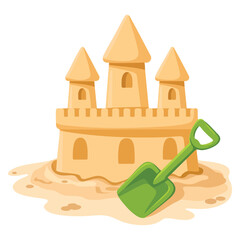 Sandcastle with towers and shovel minimalist style cartoon vector illustration featuring pointed turrets and spade placed in front for beach themed designs © Nass Studio