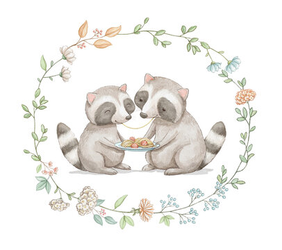Watercolor composition with pair of raccoons animals eating pasta bolognese together from the same plate for Valentine's Day framed of flowers isolated of white background. Hand drawn illustration