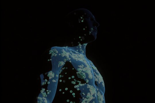 Body shows glowing allergy zones and highlights reactions to various allergens, including pollen, dust, and pet dander in different environments