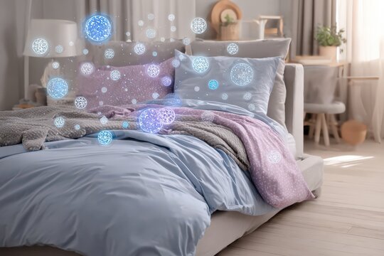 Bedding with air particles showing various allergens and microbes affecting health in a bedroom setting during daytime