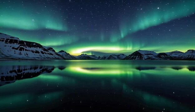 A perfect reflection of the green Aurora Borealis light on the calm surface of the lake with the iconic snow-capped mountains in the background.